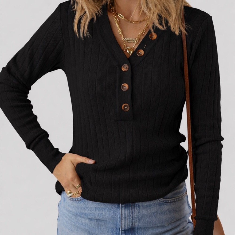 MEROKEETY Long Sleeve V Neck Ribbed Button Knit Sweater